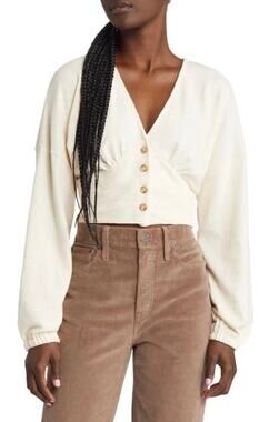 New Madewell Deep-V Button-Front Crop Top Long Sleeve Antique Cream Small